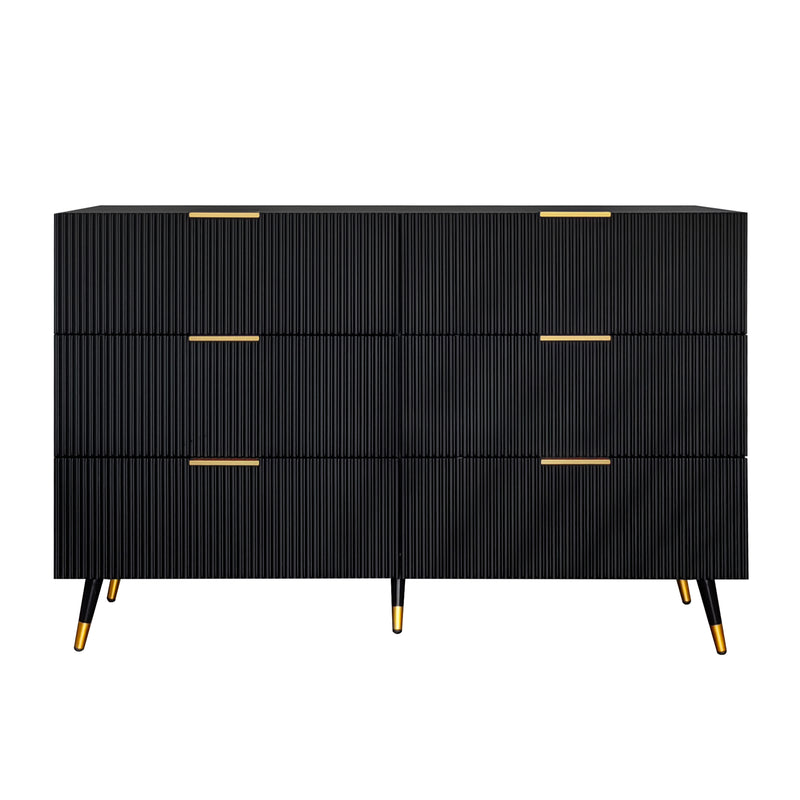 Buffet élégant noir design moderne, 6 tiroirs poignets et point de pieds dorés 120*40*77cm COQREOD BLACK