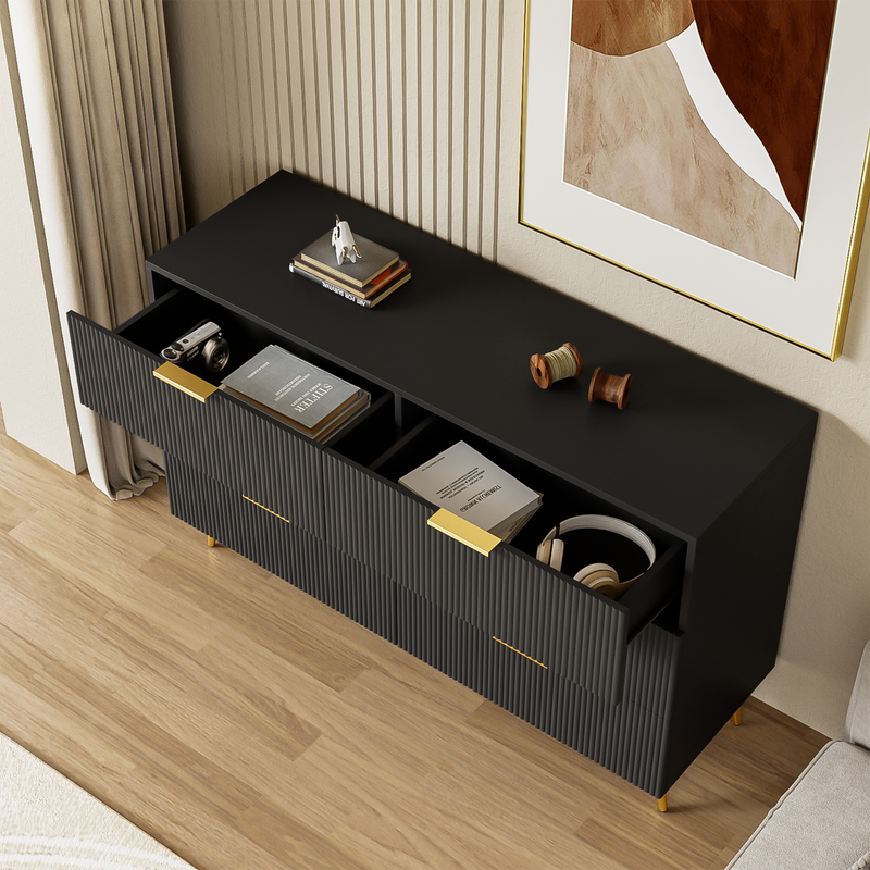 Buffet élégant noir design moderne, 6 tiroirs poignets et point de pieds dorés 120*40*77cm COQREOD BLACK