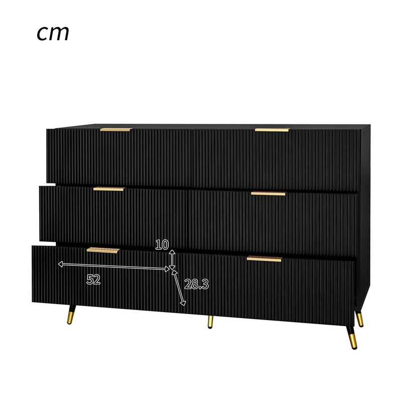 Buffet élégant noir design moderne, 6 tiroirs poignets et point de pieds dorés 120*40*77cm COQREOD BLACK