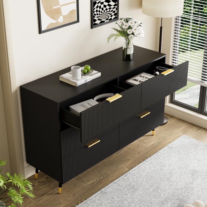 Buffet élégant noir design moderne, 6 tiroirs poignets et point de pieds dorés 120*40*77cm COQREOD BLACK