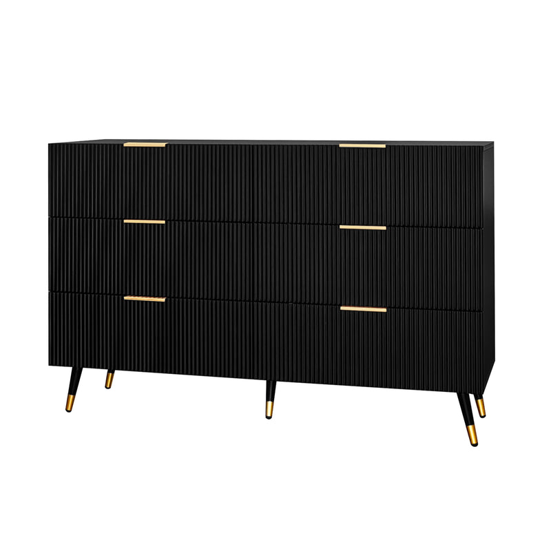 Buffet élégant noir design moderne, 6 tiroirs poignets et point de pieds dorés 120*40*77cm COQREOD BLACK