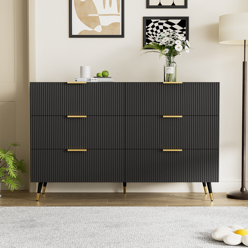 Buffet élégant noir design moderne, 6 tiroirs poignets et point de pieds dorés 120*40*77cm COQREOD BLACK