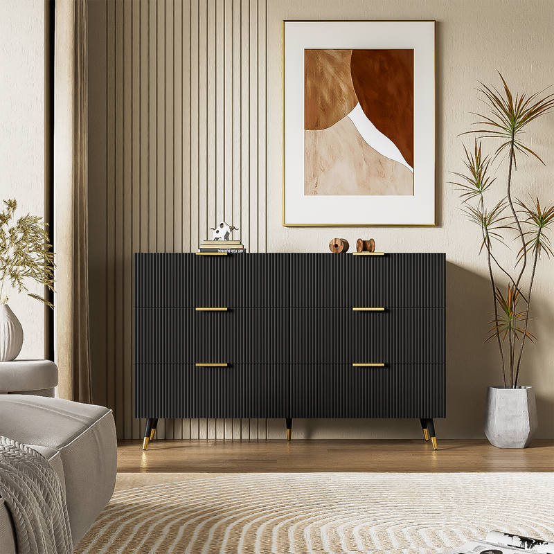 Buffet élégant noir design moderne, 6 tiroirs poignets et point de pieds dorés 120*40*77cm COQREOD BLACK