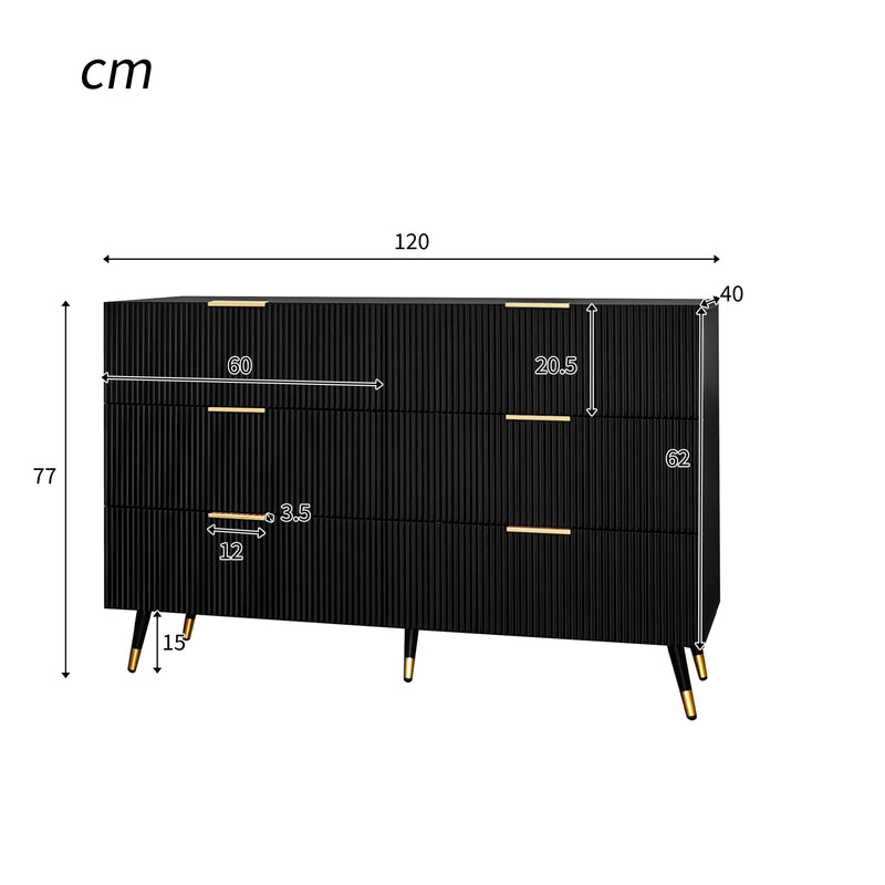 Buffet élégant noir design moderne, 6 tiroirs poignets et point de pieds dorés 120*40*77cm COQREOD BLACK