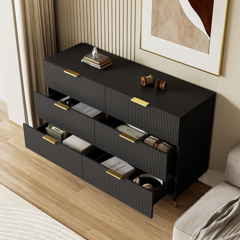 Buffet élégant noir design moderne, 6 tiroirs poignets et point de pieds dorés 120*40*77cm COQREOD BLACK