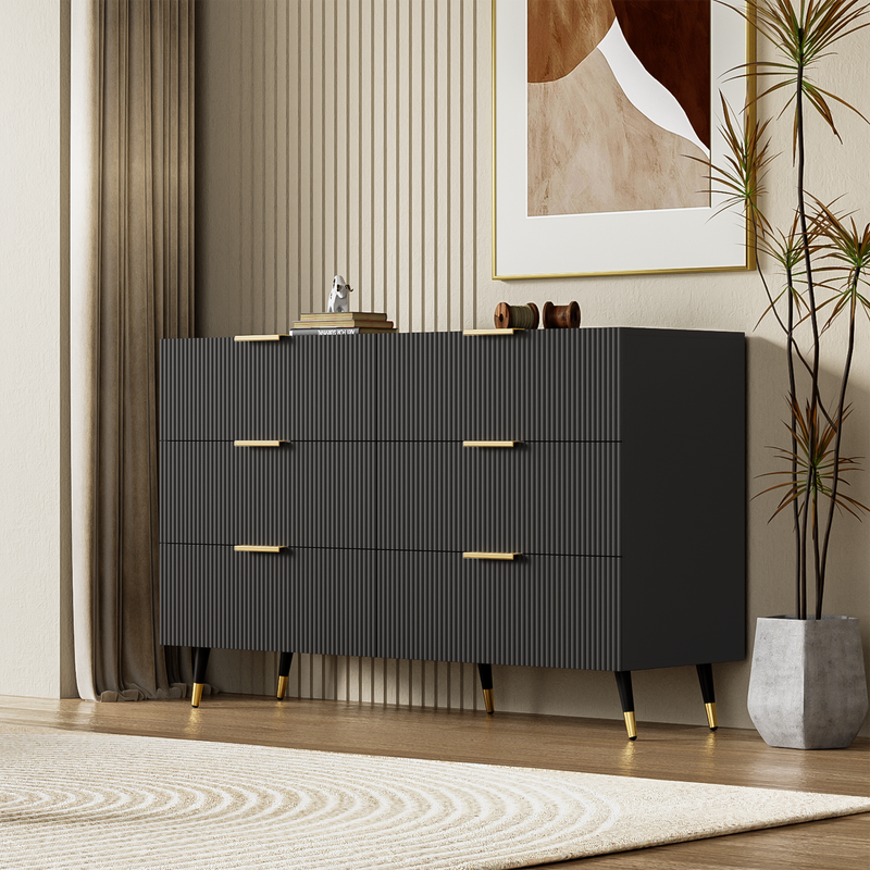 Buffet élégant noir design moderne, 6 tiroirs poignets et point de pieds dorés 120*40*77cm COQREOD BLACK