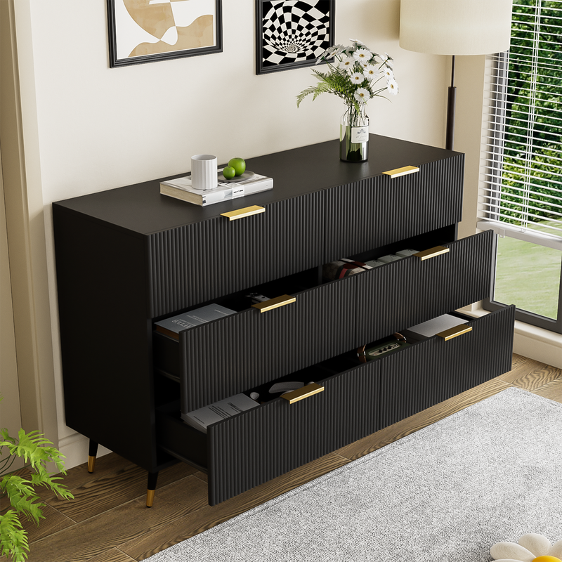 Buffet élégant noir design moderne, 6 tiroirs poignets et point de pieds dorés 120*40*77cm COQREOD BLACK