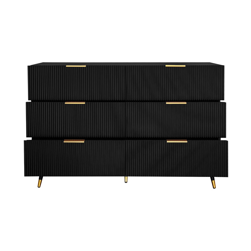 Buffet élégant noir design moderne, 6 tiroirs poignets et point de pieds dorés 120*40*77cm COQREOD BLACK