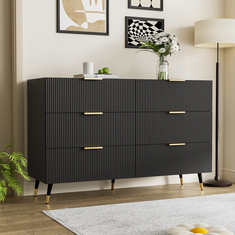 Buffet élégant noir design moderne, 6 tiroirs poignets et point de pieds dorés 120*40*77cm COQREOD BLACK