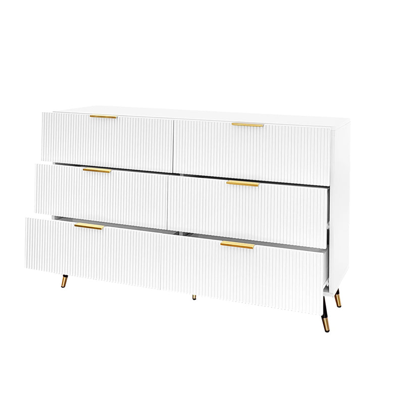 Buffet élégant blanc design moderne, 6 tiroirs poignets et point de pieds dorés 120*40*77cm COQREOD WHITE