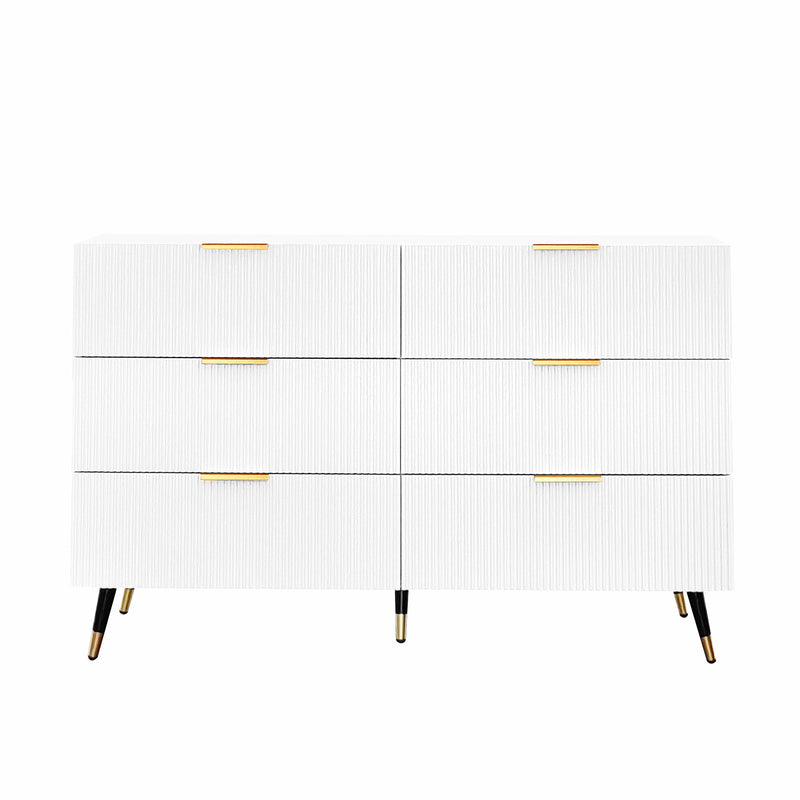 Buffet élégant blanc design moderne, 6 tiroirs poignets et point de pieds dorés 120*40*77cm COQREOD WHITE