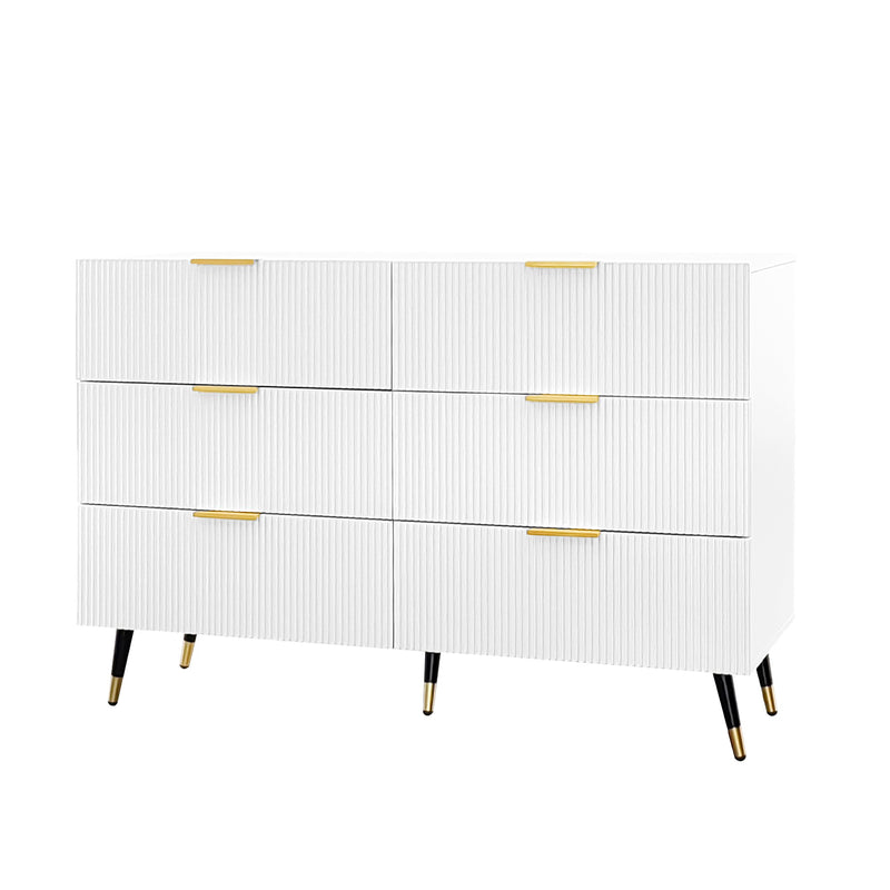 Buffet élégant blanc design moderne, 6 tiroirs poignets et point de pieds dorés 120*40*77cm COQREOD WHITE