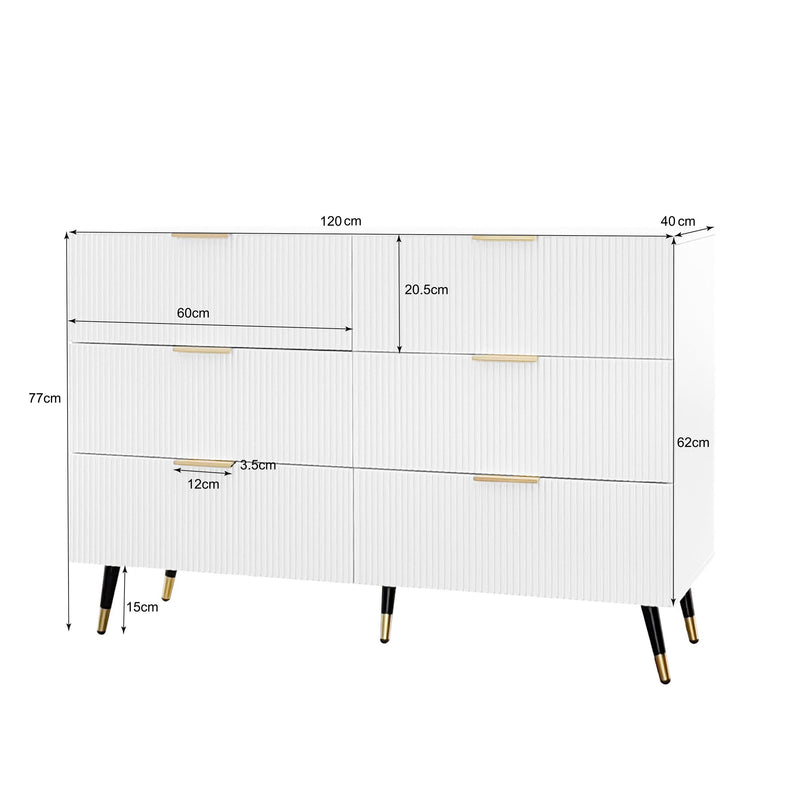 Buffet élégant blanc design moderne, 6 tiroirs poignets et point de pieds dorés 120*40*77cm COQREOD WHITE