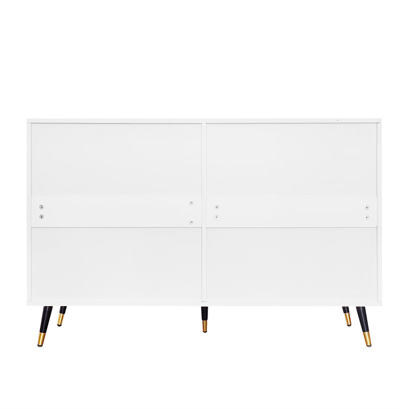 Buffet élégant blanc design moderne, 6 tiroirs poignets et point de pieds dorés 120*40*77cm COQREOD WHITE