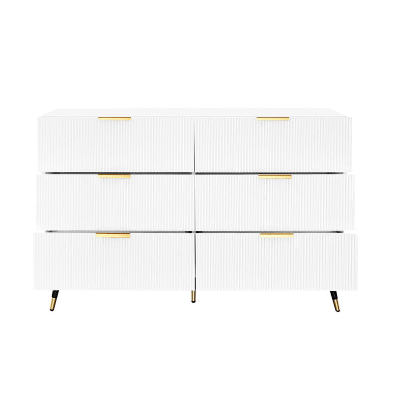 Buffet élégant blanc design moderne, 6 tiroirs poignets et point de pieds dorés 120*40*77cm COQREOD WHITE