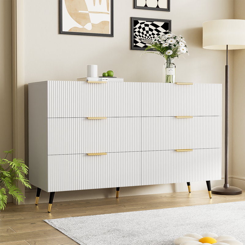 Buffet élégant blanc design moderne, 6 tiroirs poignets et point de pieds dorés 120*40*77cm COQREOD WHITE