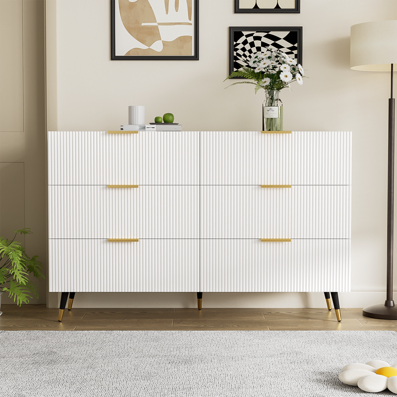 Buffet élégant blanc design moderne, 6 tiroirs poignets et point de pieds dorés 120*40*77cm COQREOD WHITE