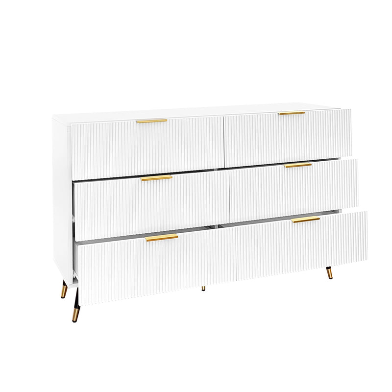 Buffet élégant blanc design moderne, 6 tiroirs poignets et point de pieds dorés 120*40*77cm COQREOD WHITE