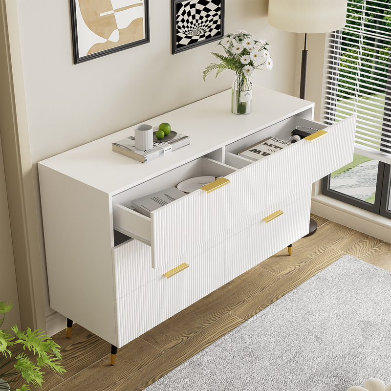 Buffet élégant blanc design moderne, 6 tiroirs poignets et point de pieds dorés 120*40*77cm COQREOD WHITE