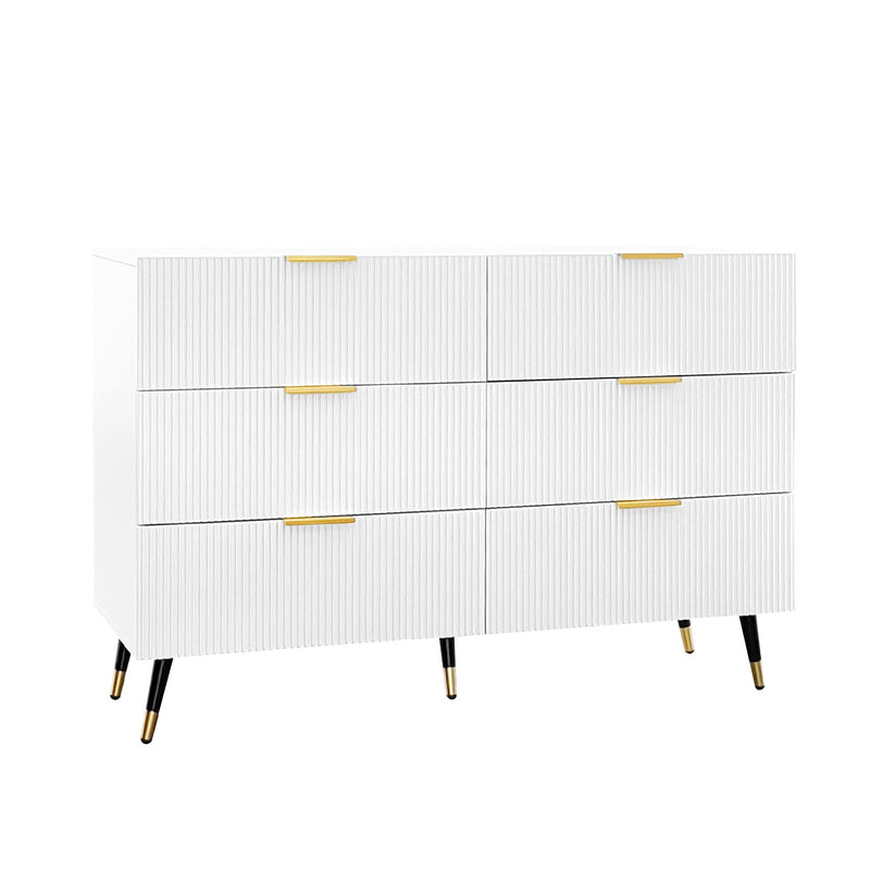 Buffet élégant blanc design moderne, 6 tiroirs poignets et point de pieds dorés 120*40*77cm COQREOD WHITE