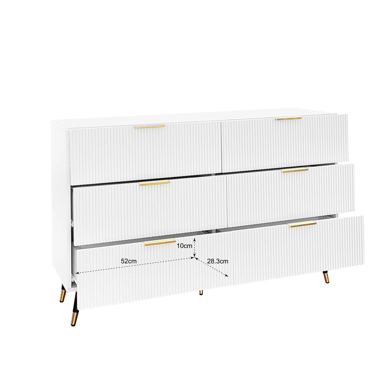 Buffet élégant blanc design moderne, 6 tiroirs poignets et point de pieds dorés 120*40*77cm COQREOD WHITE