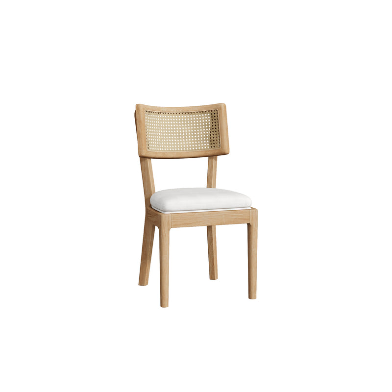 Lot de 2 chaises de salle à manger en bois massif, dossier en rotin tressé et coussins en lin beige COTYLEDON