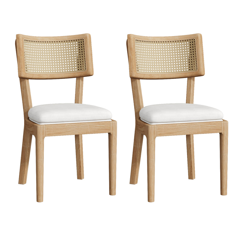 Lot de 2 chaises de salle à manger en bois massif, dossier en rotin tressé et coussins en lin beige COTYLEDON