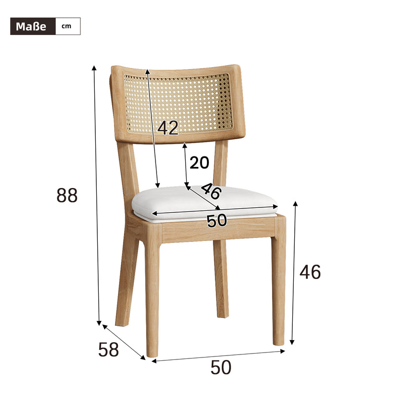 Lot de 2 chaises de salle à manger en bois massif, dossier en rotin tressé et coussins en lin beige COTYLEDON