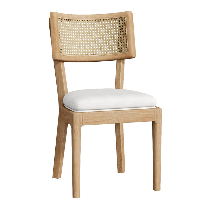 Lot de 2 chaises de salle à manger en bois massif, dossier en rotin tressé et coussins en lin beige COTYLEDON