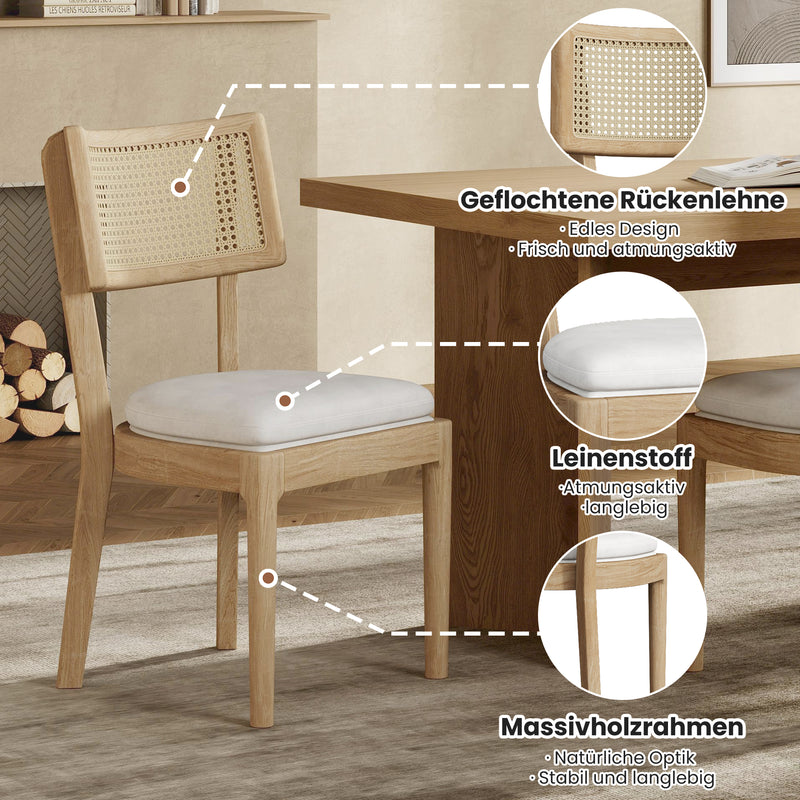 Lot de 2 chaises de salle à manger en bois massif, dossier en rotin tressé et coussins en lin beige COTYLEDON