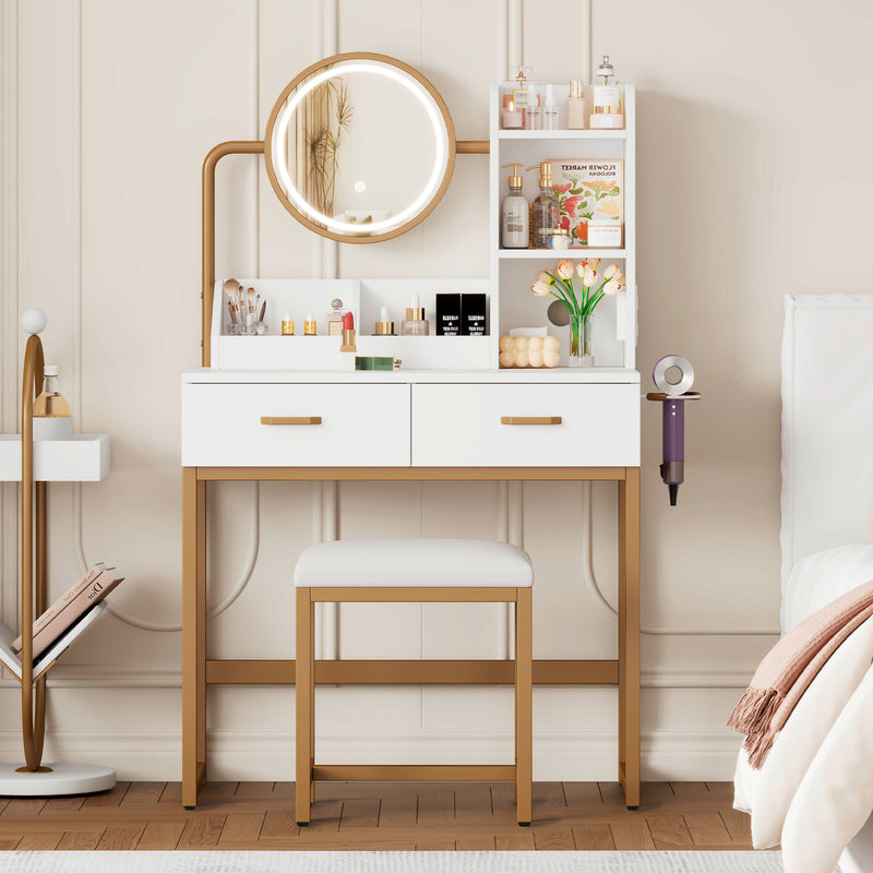 Set de coiffeuse blanche moderne avec miroir éclairé LED (3 couleurs), tabouret, prises Intégrées et support sèche-cheveux CRACZEKS