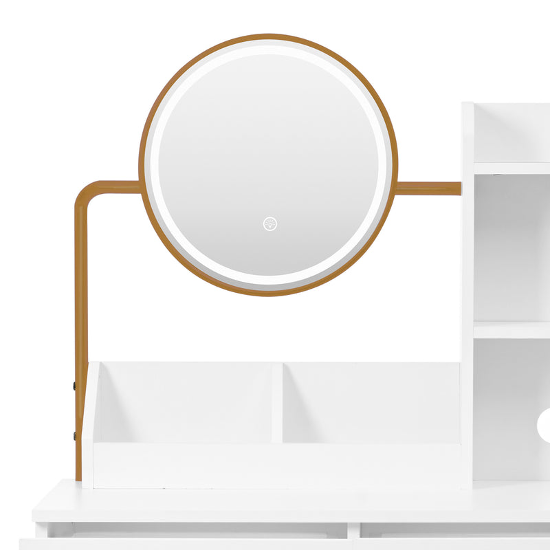 Set de coiffeuse blanche moderne avec miroir éclairé LED (3 couleurs), tabouret, prises Intégrées et support sèche-cheveux CRACZEKS