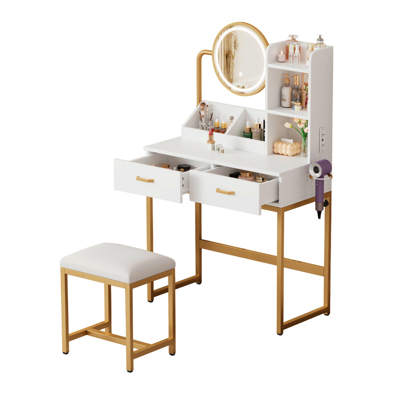 Set de coiffeuse blanche moderne avec miroir éclairé LED (3 couleurs), tabouret, prises Intégrées et support sèche-cheveux CRACZEKS