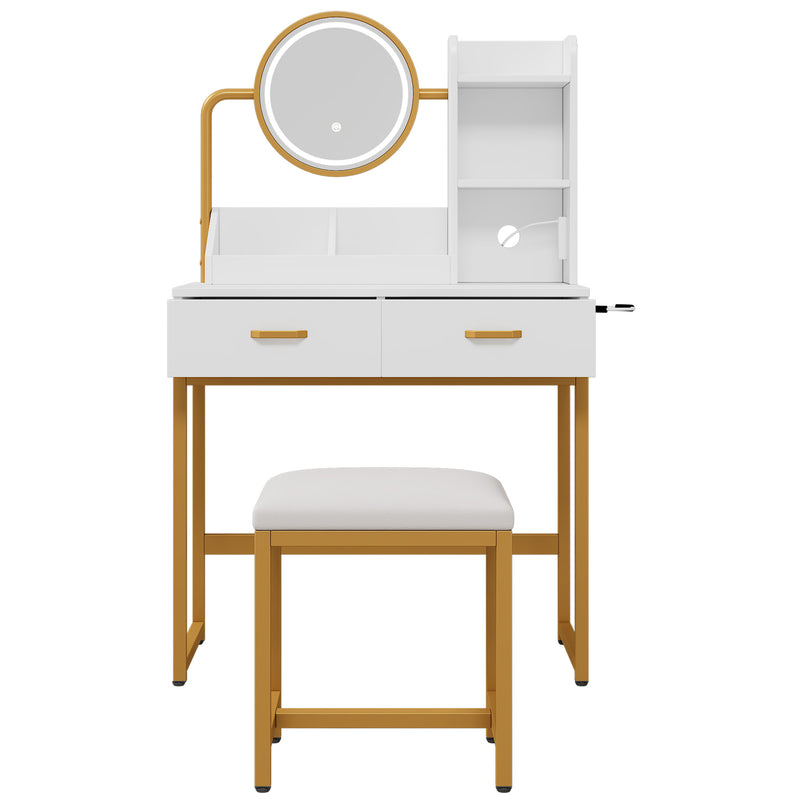 Set de coiffeuse blanche moderne avec miroir éclairé LED (3 couleurs), tabouret, prises Intégrées et support sèche-cheveux CRACZEKS