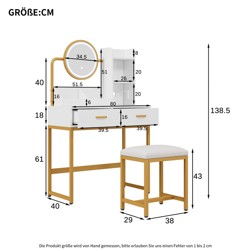 Set de coiffeuse blanche moderne avec miroir éclairé LED (3 couleurs), tabouret, prises Intégrées et support sèche-cheveux CRACZEKS