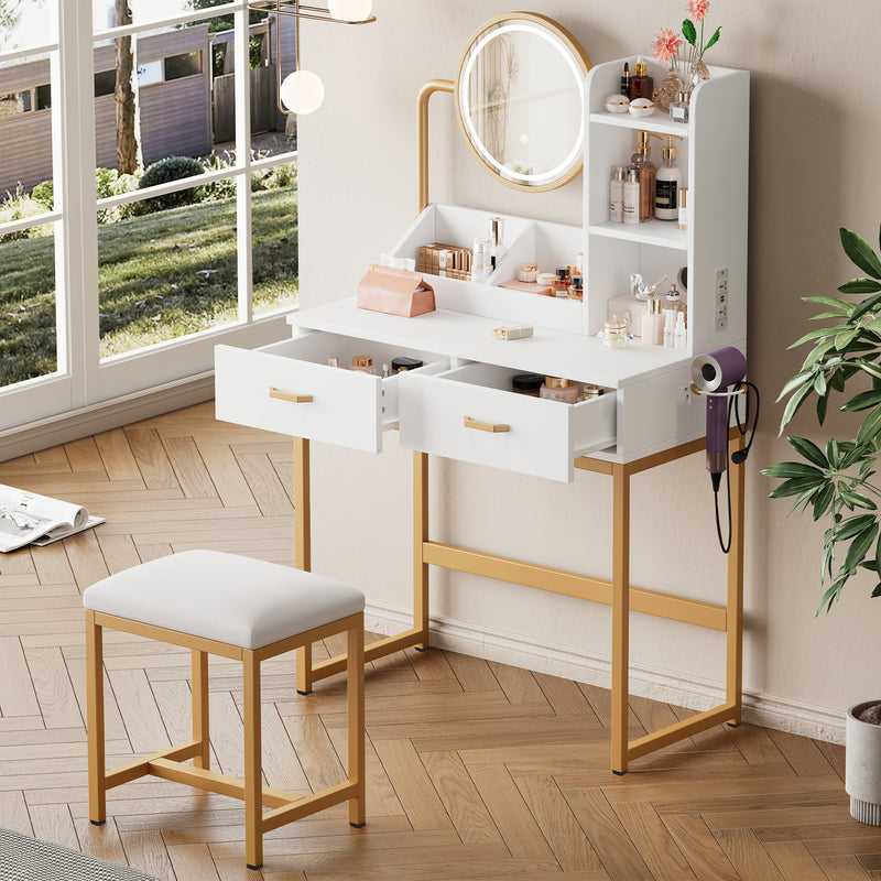 Set de coiffeuse blanche moderne avec miroir éclairé LED (3 couleurs), tabouret, prises Intégrées et support sèche-cheveux CRACZEKS