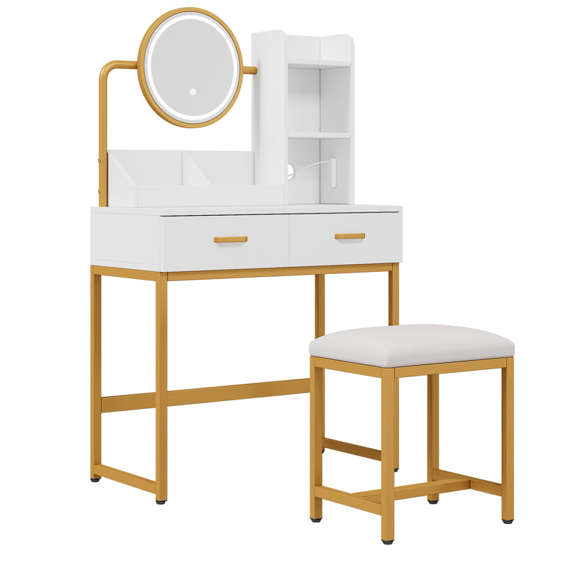 Set de coiffeuse blanche moderne avec miroir éclairé LED (3 couleurs), tabouret, prises Intégrées et support sèche-cheveux CRACZEKS