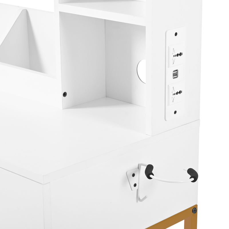 Set de coiffeuse blanche moderne avec miroir éclairé LED (3 couleurs), tabouret, prises Intégrées et support sèche-cheveux CRACZEKS