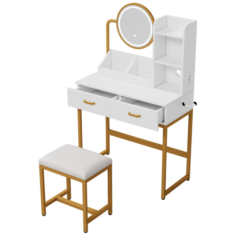 Set de coiffeuse blanche moderne avec miroir éclairé LED (3 couleurs), tabouret, prises Intégrées et support sèche-cheveux CRACZEKS