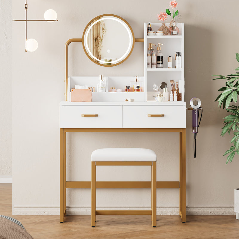 Set de coiffeuse blanche moderne avec miroir éclairé LED (3 couleurs), tabouret, prises Intégrées et support sèche-cheveux CRACZEKS