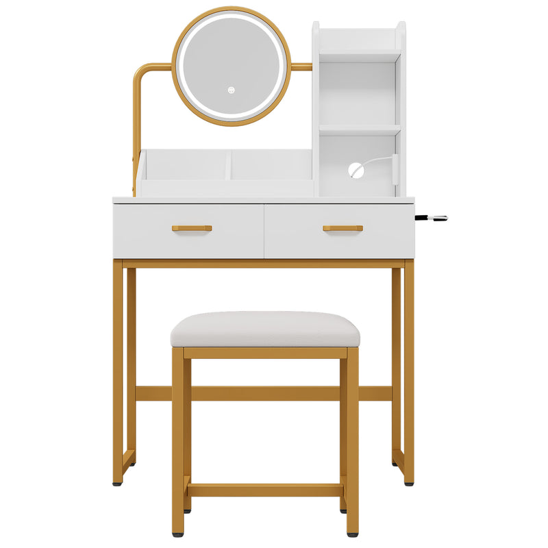 Set de coiffeuse blanche moderne avec miroir éclairé LED (3 couleurs), tabouret, prises Intégrées et support sèche-cheveux CRACZEKS