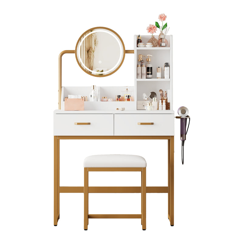 Set de coiffeuse blanche moderne avec miroir éclairé LED (3 couleurs), tabouret, prises Intégrées et support sèche-cheveux CRACZEKS
