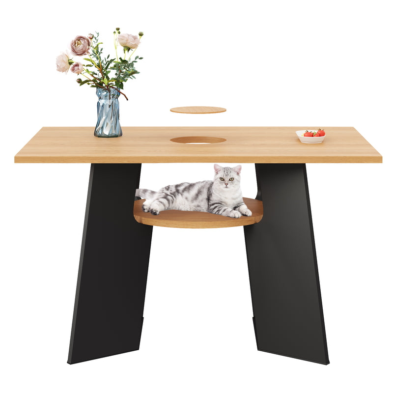 Table de salle à manger rectangulaire effet chêne clair conviviale pour animaux de compagnie et étagère centrale 130×85×75cm CRYPSIS