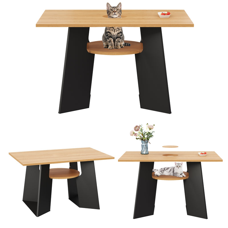 Table de salle à manger rectangulaire effet chêne clair conviviale pour animaux de compagnie et étagère centrale 130×85×75cm CRYPSIS