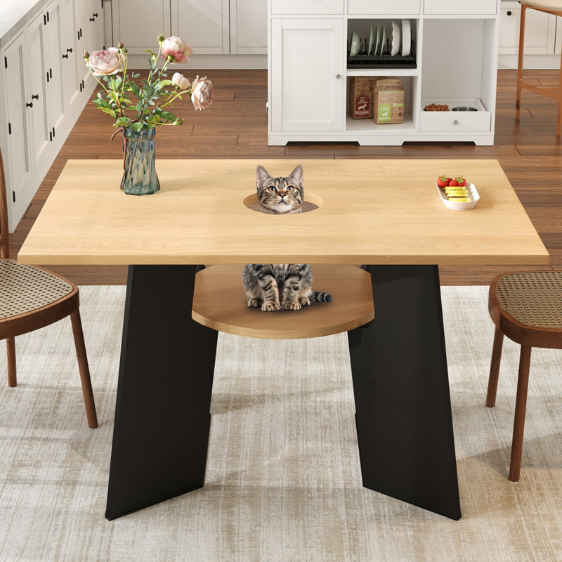Table de salle à manger rectangulaire effet chêne clair conviviale pour animaux de compagnie et étagère centrale 130×85×75cm CRYPSIS