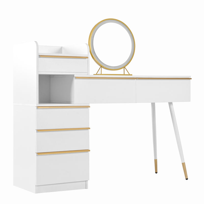 Coiffeuse blanche plateau rétractableavec miroir LED à luminosité réglable couleur et 6 tiroirs (sans tabouret) CUTICLE