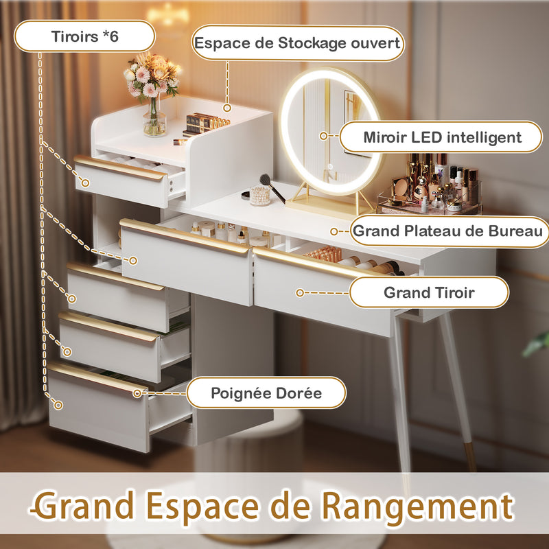 Coiffeuse blanche plateau rétractableavec miroir LED à luminosité réglable couleur et 6 tiroirs (sans tabouret) CUTICLE