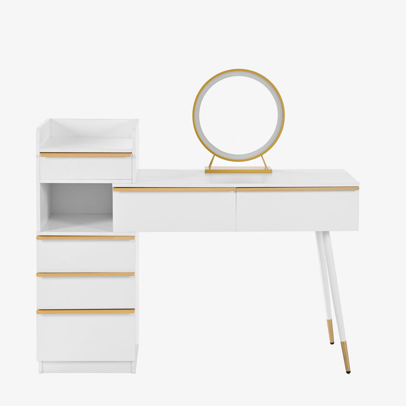 Coiffeuse blanche plateau rétractableavec miroir LED à luminosité réglable couleur et 6 tiroirs (sans tabouret) CUTICLE