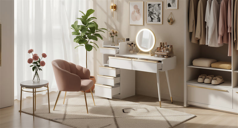 Coiffeuse blanche plateau rétractableavec miroir LED à luminosité réglable couleur et 6 tiroirs (sans tabouret) CUTICLE