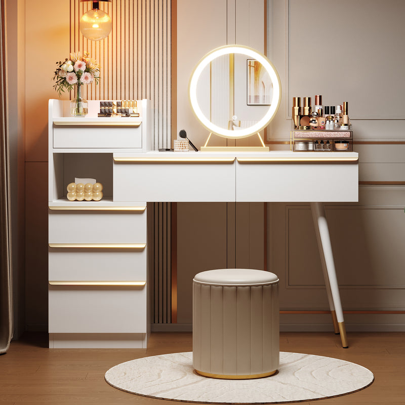 Coiffeuse blanche plateau rétractableavec miroir LED à luminosité réglable couleur et 6 tiroirs (sans tabouret) CUTICLE